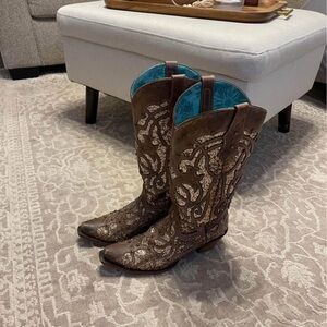 Embroidered Brown Heeled Boots